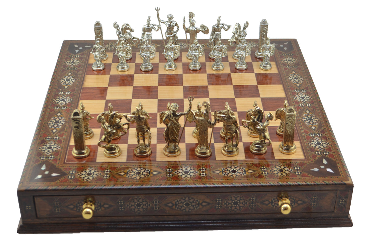 Antik Yunan Metal Satranç Takımı Büyük Boy – El Yapımı Masif Ahşap Çekmeceli Satranç Tahtası, 51 x 51 cm