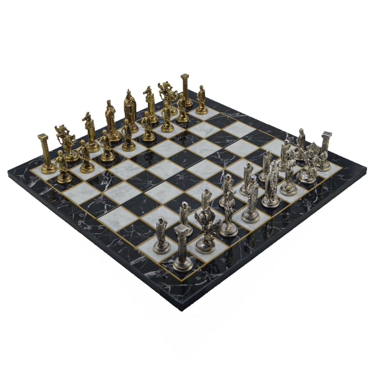 İngiliz Kraliyeti Metal Satranç Takımı – Mermer Desenli Katlanır MDF Satranç Tahtası, 43 x 43 cm