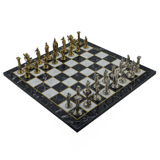 British Royal Metal Chess Set – Marble Pattern Folding MDF Chessboard, 43 x 43 cm