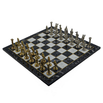 İngiliz Kraliyeti Metal Satranç Takımı – Mermer Desenli Katlanır MDF Satranç Tahtası, 43 x 43 cm
