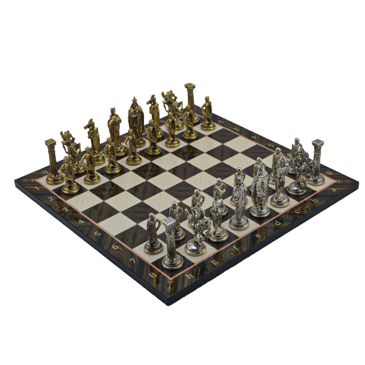 İngiliz Kraliyeti Metal Satranç Takımı – Ceviz Desenli Katlanır MDF Satranç Tahtası, 43 x 43 cm