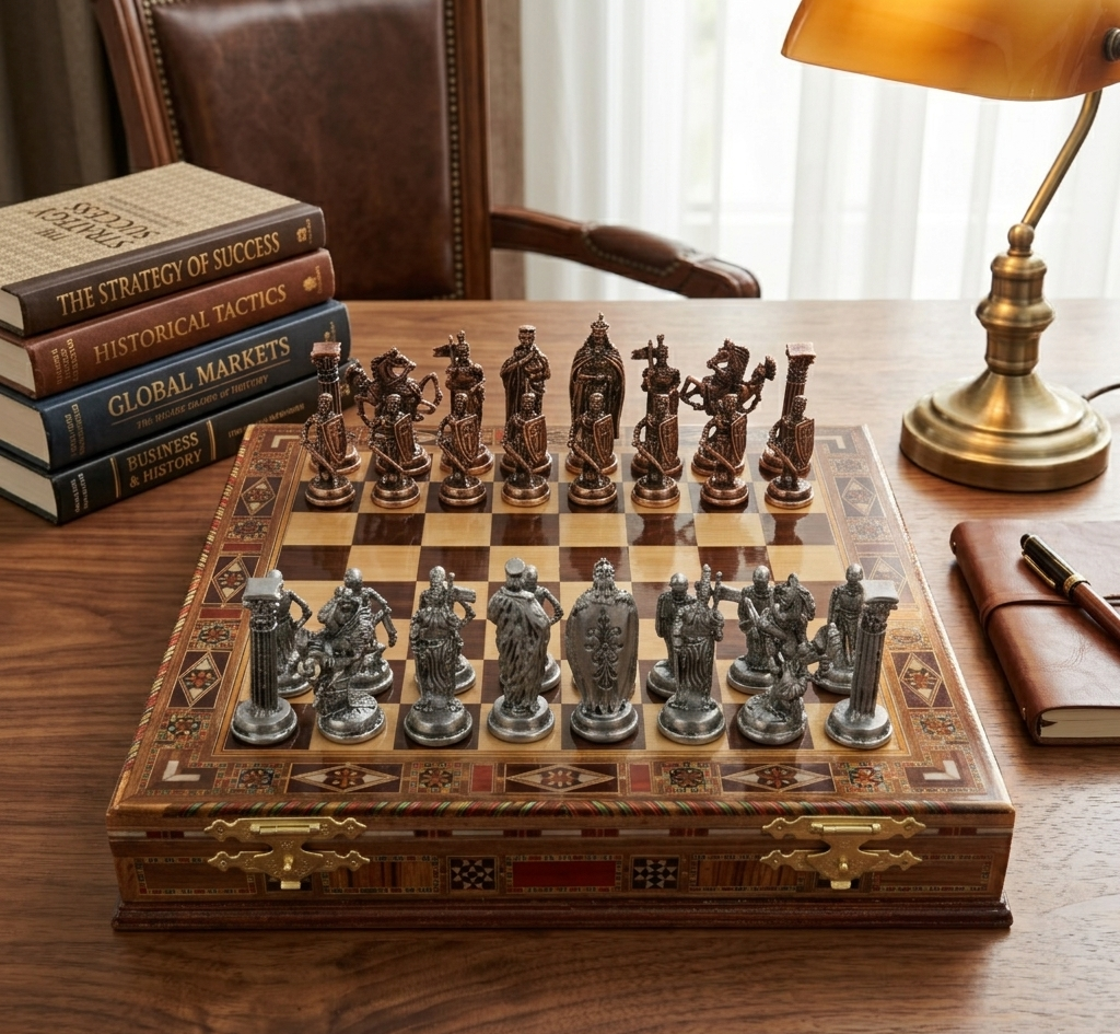 Egyptian Pharaoh Metal Chess Set – Handmade Box or Drawer Solid Wood Chessboard, 38 x 38 cm