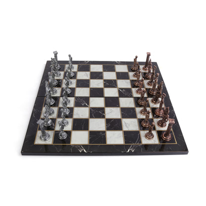 İngiliz Kraliyeti Metal Satranç Takımı – Mermer Desenli Katlanır MDF Satranç Tahtası, 43 x 43 cm