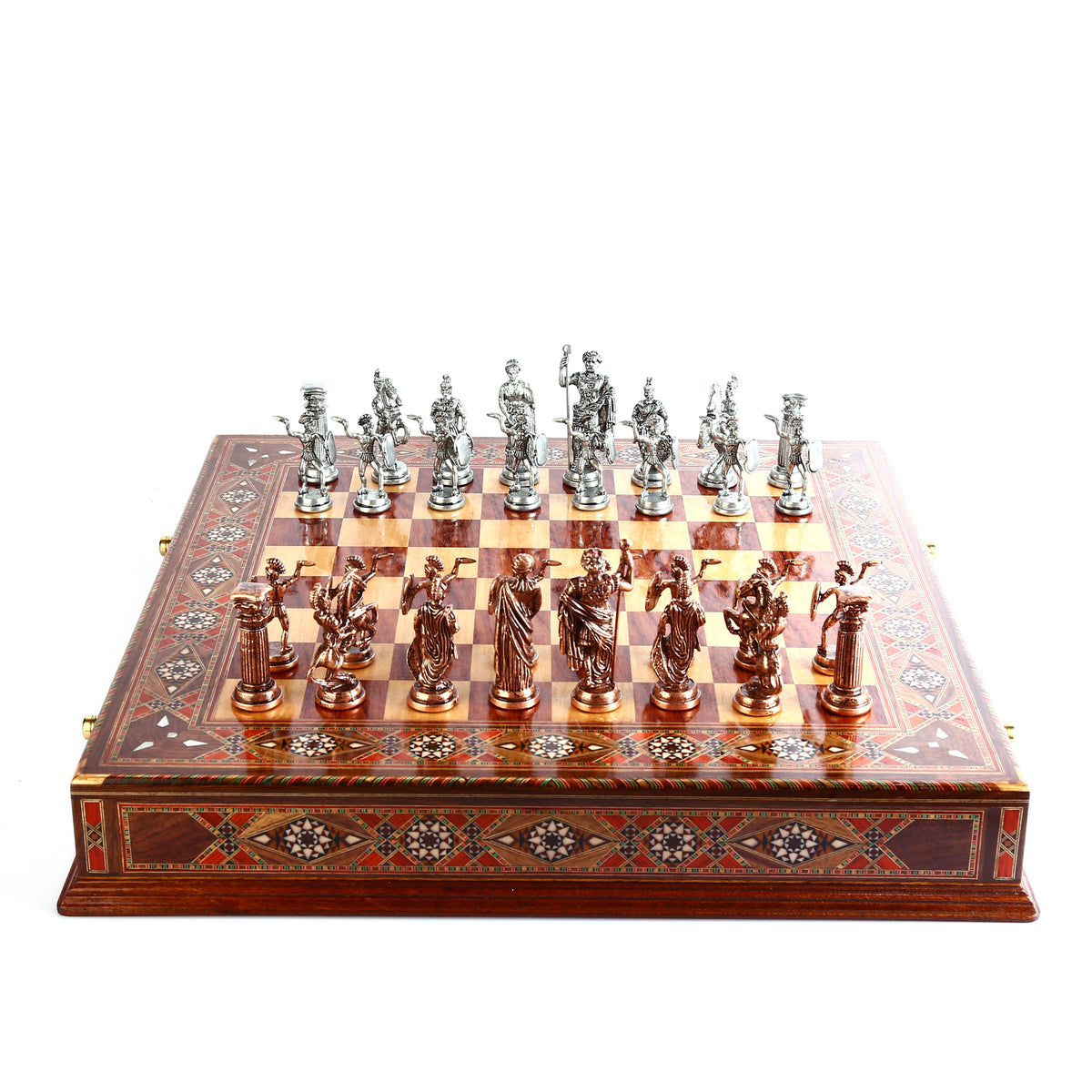 Roma İmparatorluğu Metal Satranç Takımı Büyük Boy – El Yapımı Masif Ahşap Çekmeceli Satranç Tahtası,      51 x 51 cm