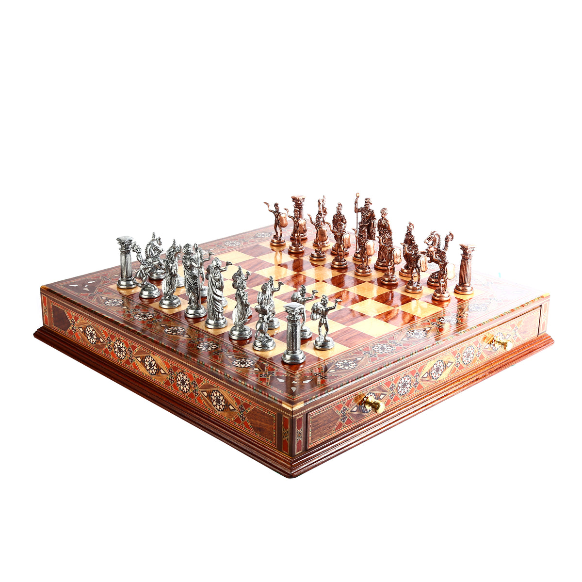 Roma İmparatorluğu Metal Satranç Takımı Büyük Boy – El Yapımı Masif Ahşap Çekmeceli Satranç Tahtası,      51 x 51 cm