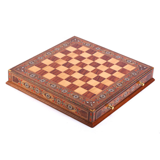 Pegasus Metal Chess Set Big Size – Handmade Solid Wood Drawer Chessboard, 51 x 51 cm