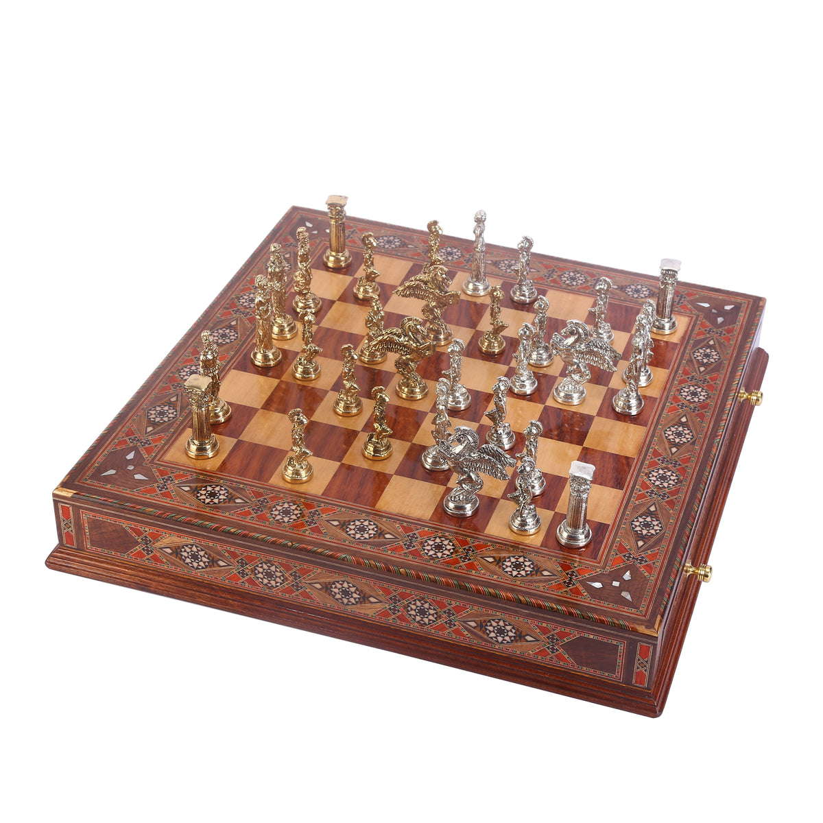 Pegasus Metal Chess Set Big Size – Handmade Solid Wood Drawer Chessboard, 51 x 51 cm