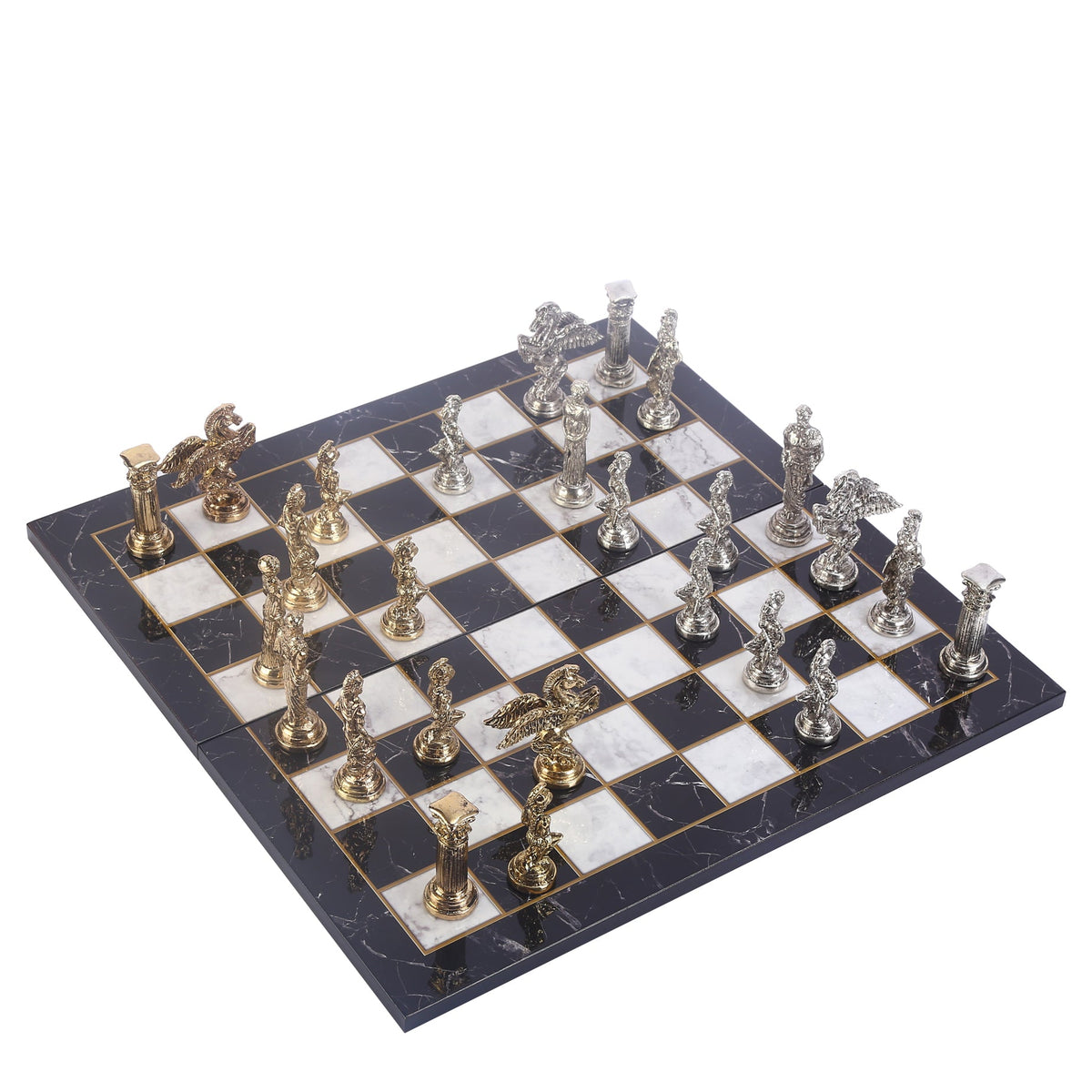 Pegasus Figürlü Metal Satranç Takımı Büyük Boy – Katlanır Ceviz Desenli MDF Satranç Tahtası, 43x43 cm