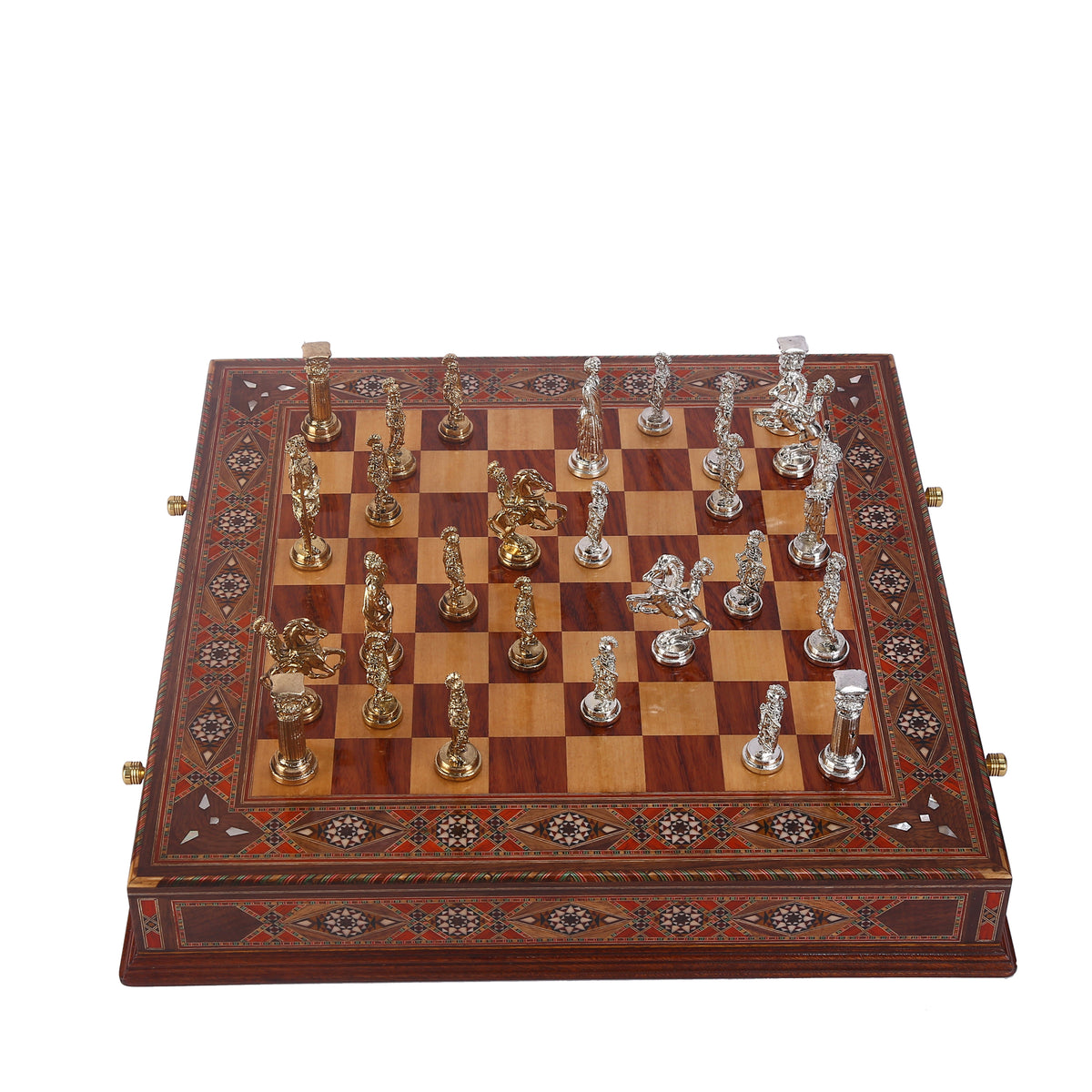 Roma İmparatorluğu Metal Satranç Takımı Büyük Boy – El Yapımı Masif Ahşap Çekmeceli Satranç Tahtası,      51 x 51 cm