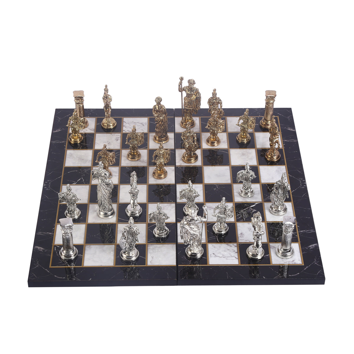 Roman Empire Metal Chess Set Big Size – Marble-Pattern Folding MDF Chessboard, 43 x 43 cm