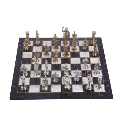 Roman Empire Metal Chess Set Big Size – Marble-Pattern Folding MDF Chessboard, 43 x 43 cm