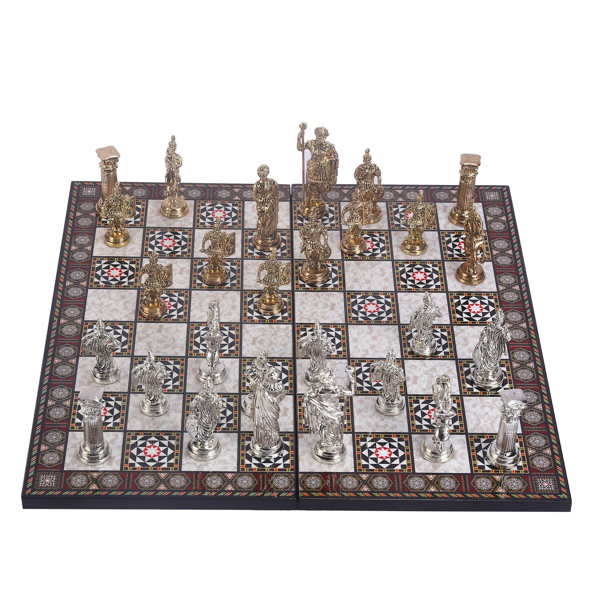 Roman Empire Metal Chess Set Big Size – Mother-of-Pearl Pattern Folding MDF Chessboard, 43 x 43 cm
