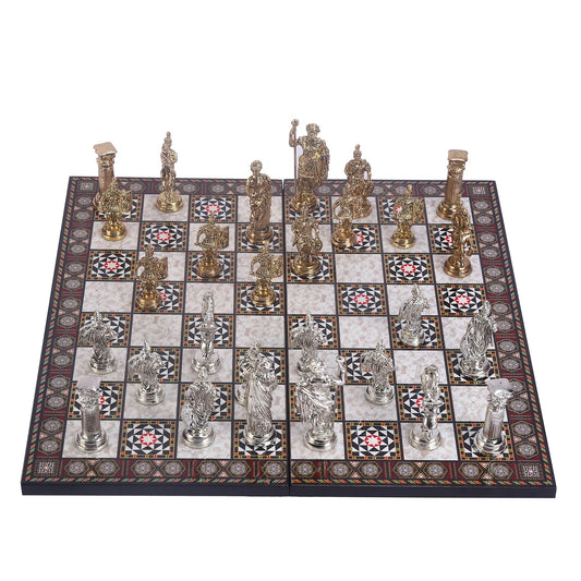 Roman Empire Metal Chess Set Big Size – Mother-of-Pearl Pattern Folding MDF Chessboard, 43 x 43 cm