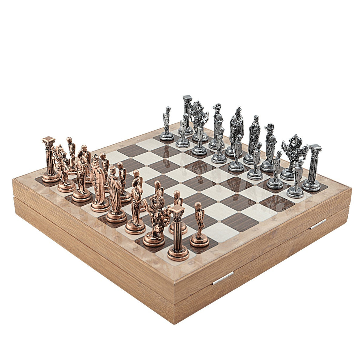 British Royal Metal Chess Set – MDF Chessboard with Storage, 37 x 37 cm, Antique Cooper Pieces