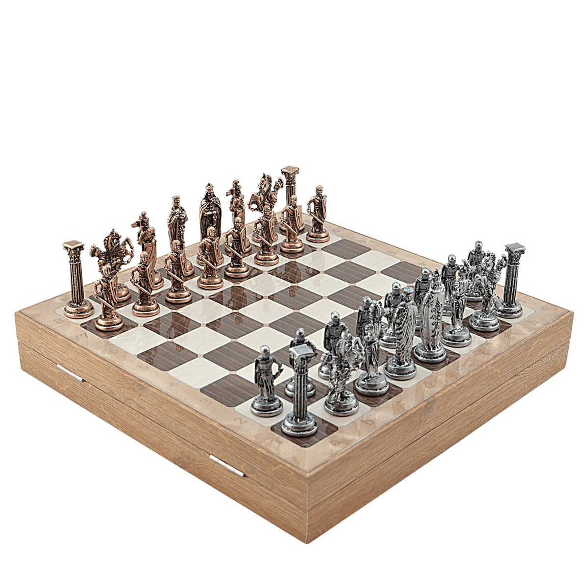British Royal Metal Chess Set – MDF Chessboard with Storage, 37 x 37 cm, Antique Cooper Pieces