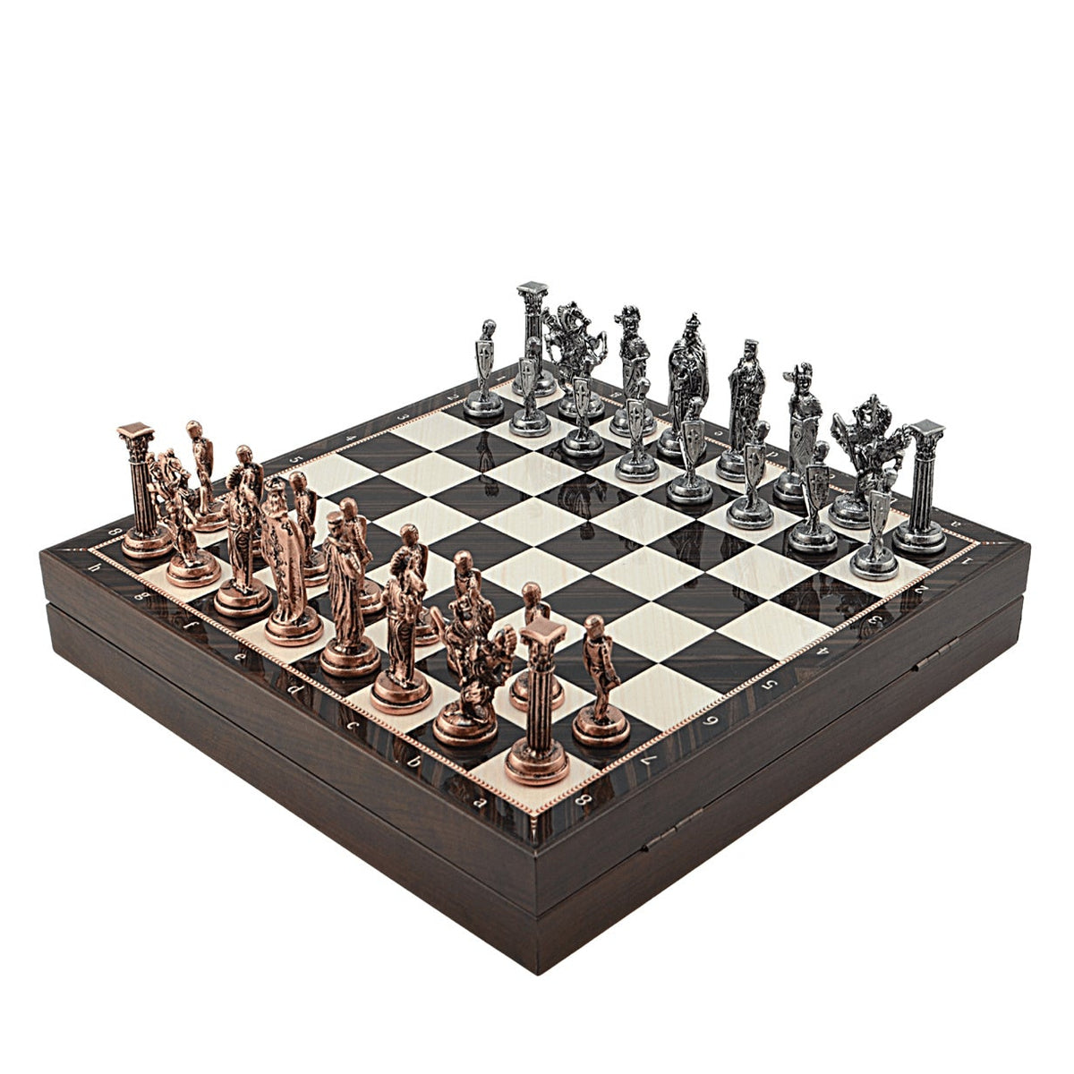 British Royal Metal Chess Set – MDF Chessboard with Storage, 37 x 37 cm, Antique Cooper Pieces