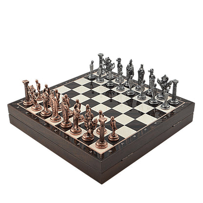 British Royal Metal Chess Set – MDF Chessboard with Storage, 37 x 37 cm, Antique Cooper Pieces