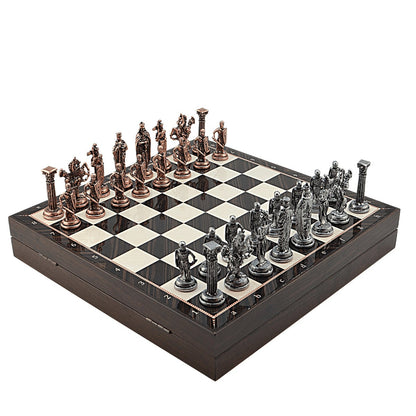 British Royal Metal Chess Set – MDF Chessboard with Storage, 37 x 37 cm, Antique Cooper Pieces