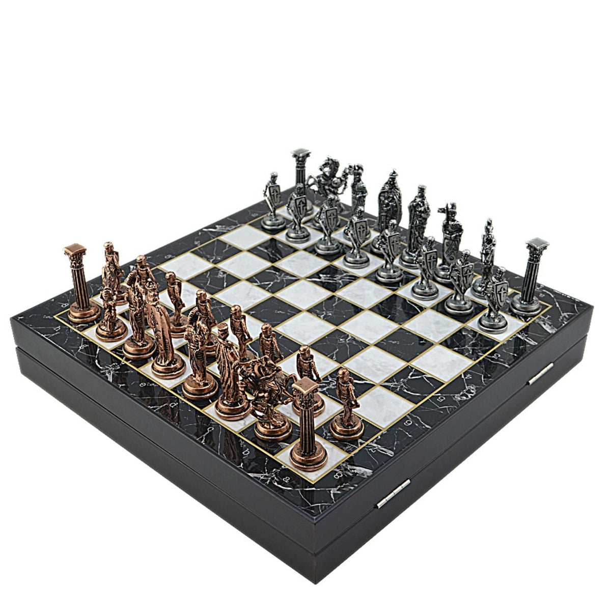 British Royal Metal Chess Set – MDF Chessboard with Storage, 37 x 37 cm, Antique Cooper Pieces