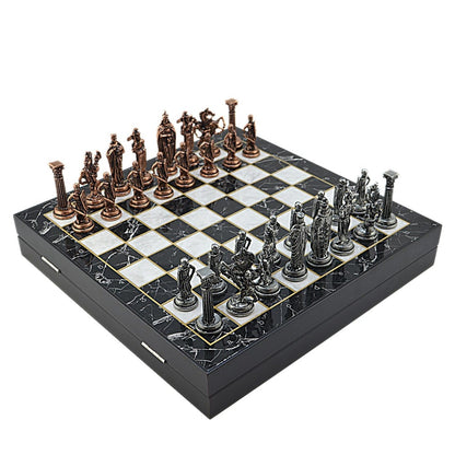 British Royal Metal Chess Set – MDF Chessboard with Storage, 37 x 37 cm, Antique Cooper Pieces
