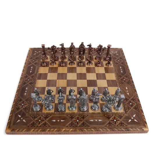 British Royal Metal Chess Set – Handmade Solid Wood Flat Chessboard, 45 x 45 cm