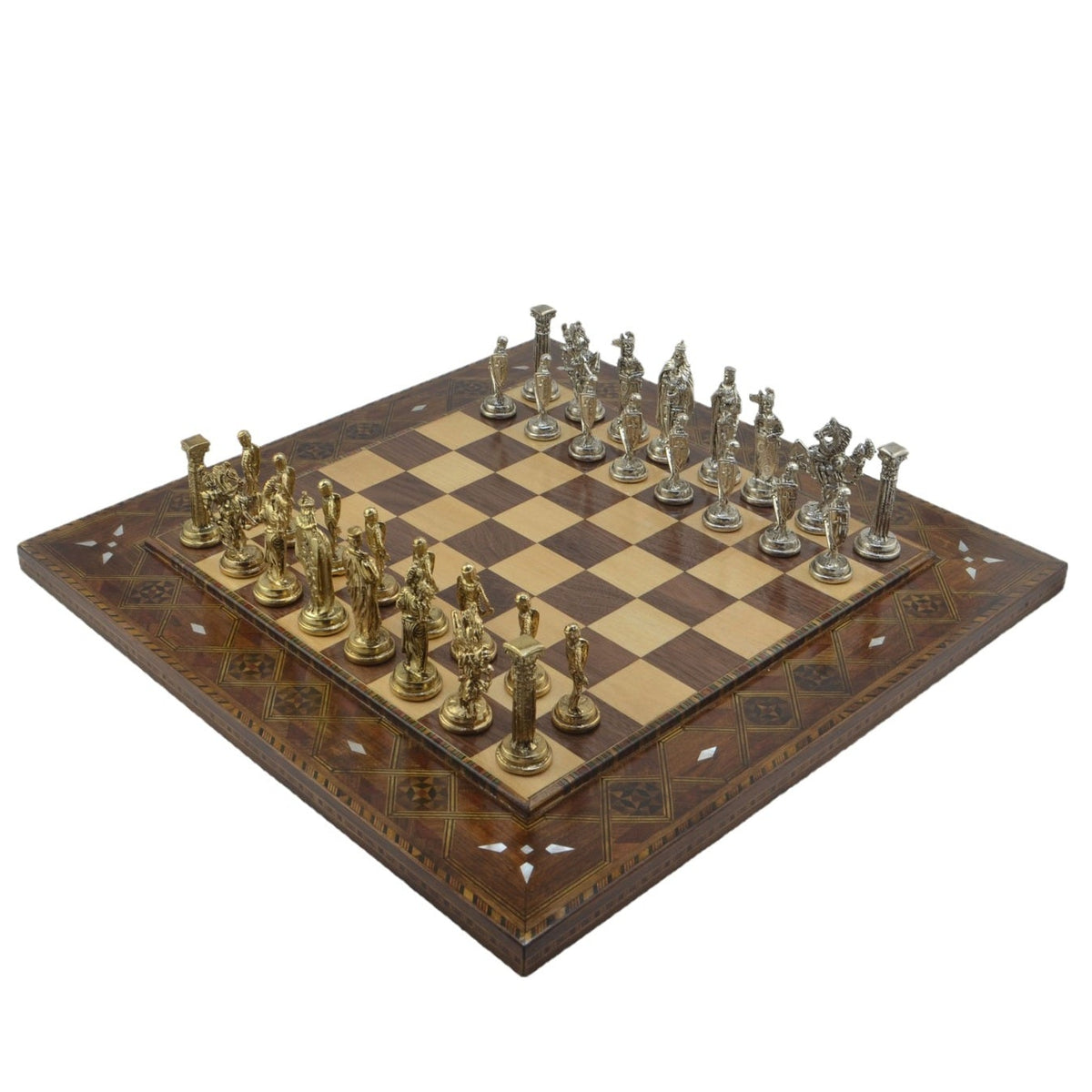 British Royal Metal Chess Set – Handmade Solid Wood Flat Chessboard, 45 x 45 cm