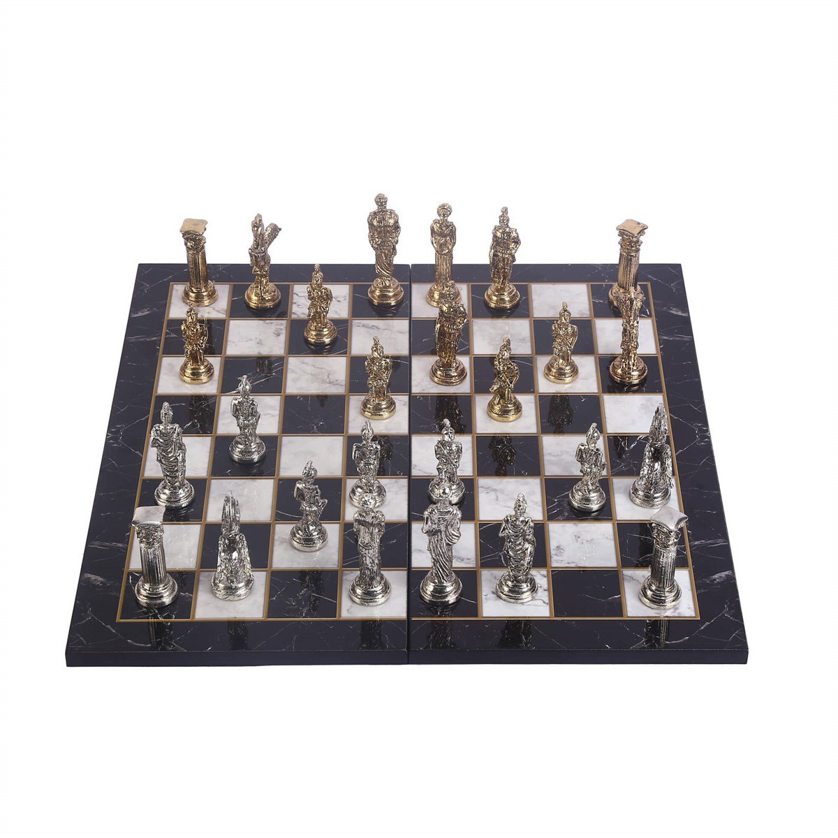Pegasus Figürlü Metal Satranç Takımı Büyük Boy – Katlanır Ceviz Desenli MDF Satranç Tahtası, 43x43 cm