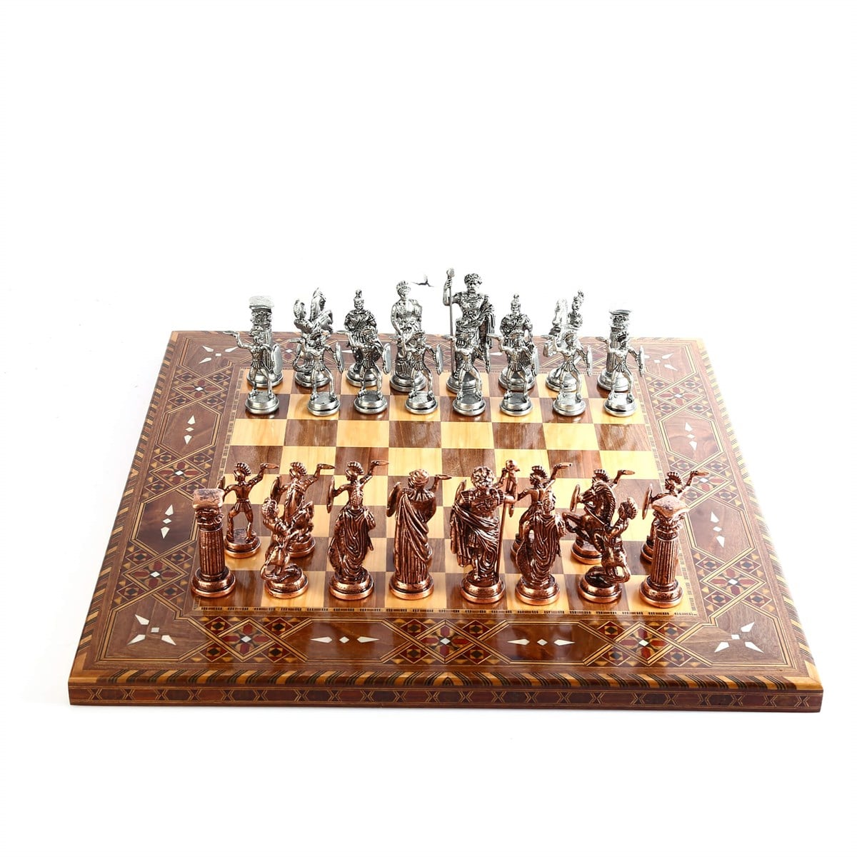 Roma İmparatorluğu Metal Satranç Takımı Büyük Boy – El Yapımı Masif Ahşap Düz Satranç Tahtası, 45 x 45 cm