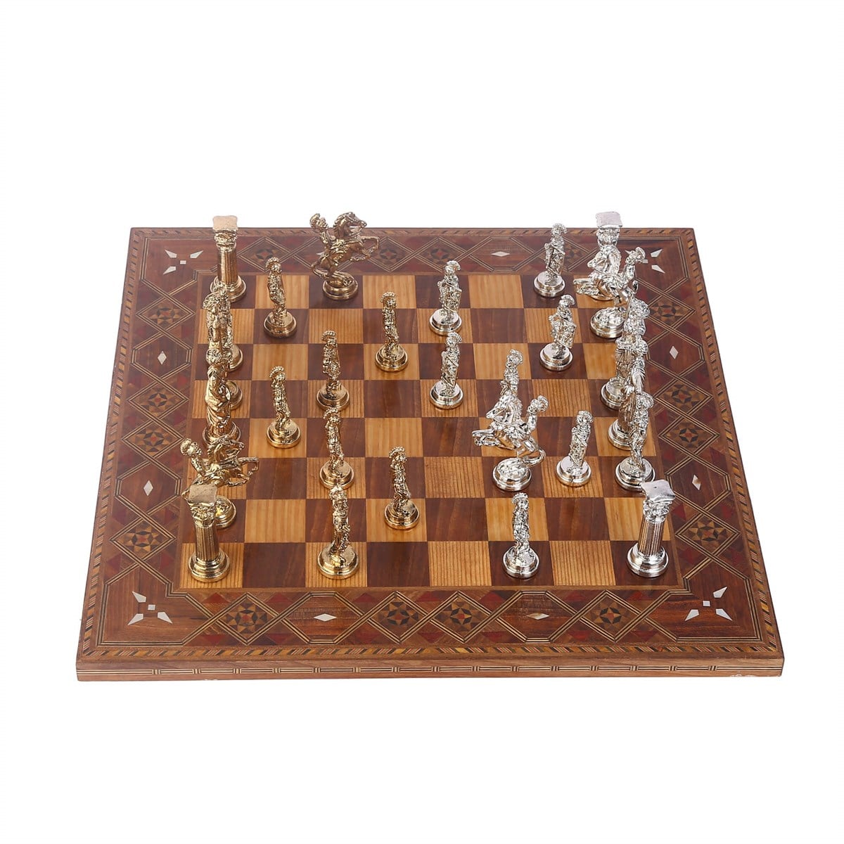 Roma İmparatorluğu Metal Satranç Takımı Büyük Boy – El Yapımı Masif Ahşap Düz Satranç Tahtası, 45 x 45 cm