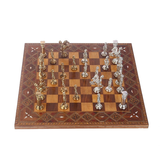 Roman Empire Metal Chess Set Big Size – Handmade Solid Wood Flat Chessboard, 45 x 45 cm