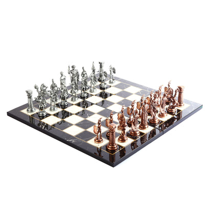 Roman Empire Metal Chess Set Big Size – Marble-Pattern Folding MDF Chessboard, 43 x 43 cm