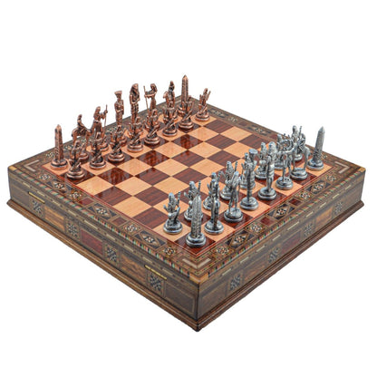 Egyptian Pharaoh Metal Chess Set – Handmade Box or Drawer Solid Wood Chessboard, 38 x 38 cm