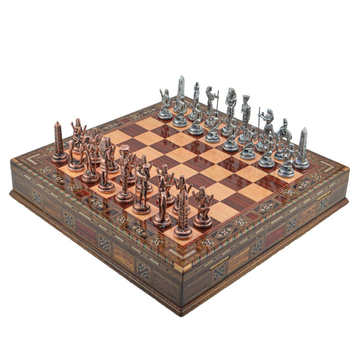 Egyptian Pharaoh Metal Chess Set – Handmade Box or Drawer Solid Wood Chessboard, 38 x 38 cm