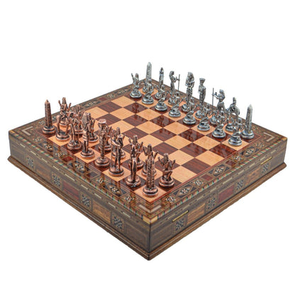 Egyptian Pharaoh Metal Chess Set – Handmade Box or Drawer Solid Wood Chessboard, 38 x 38 cm