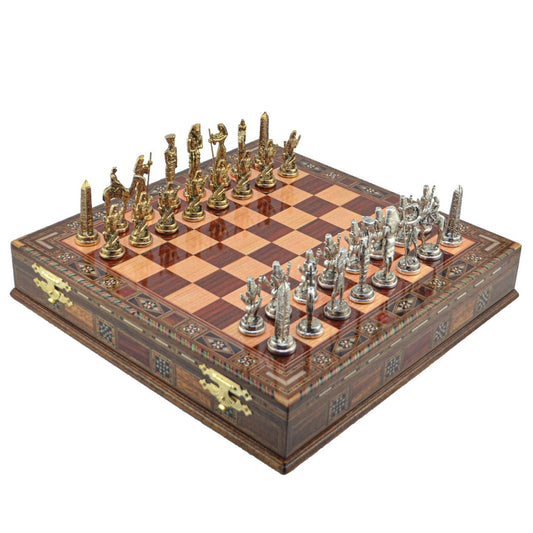 Egyptian Pharaoh Metal Chess Set – Handmade Box or Drawer Solid Wood Chessboard, 38 x 38 cm