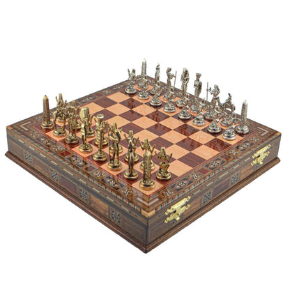 Egyptian Pharaoh Metal Chess Set – Handmade Box or Drawer Solid Wood Chessboard, 38 x 38 cm