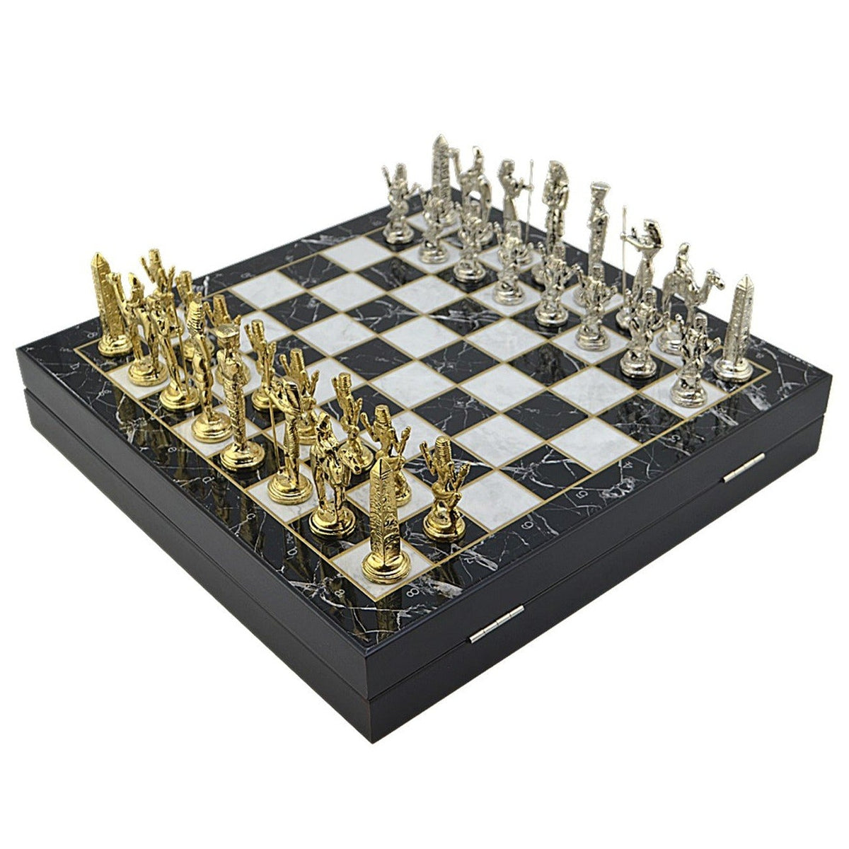 Egyptian Pharaohs Metal Chess Set – MDF Chessboard with Storage, 37 x 37 cm