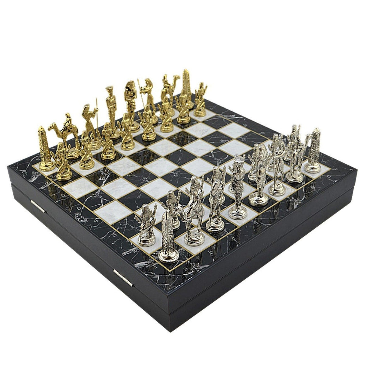 Egyptian Pharaohs Metal Chess Set – MDF Chessboard with Storage, 37 x 37 cm
