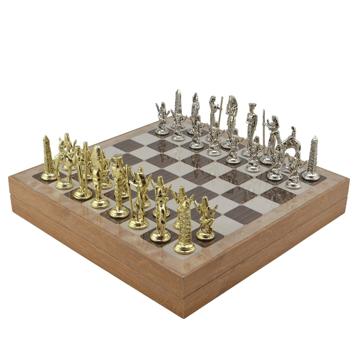 Egyptian Pharaohs Metal Chess Set – MDF Chessboard with Storage, 37 x 37 cm