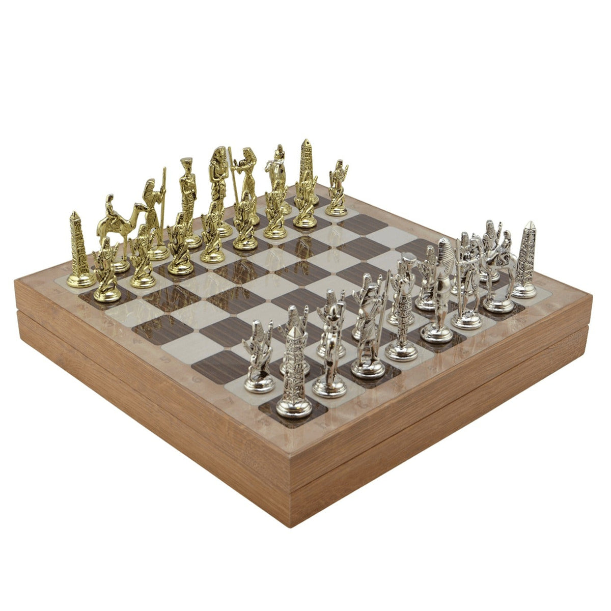 Egyptian Pharaohs Metal Chess Set – MDF Chessboard with Storage, 37 x 37 cm