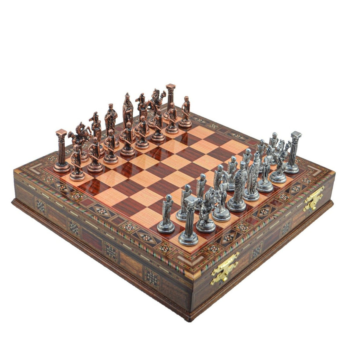 British Royal Metal Chess Set – Handmade Box or Drawer Solid Wood Chessboard, 38 x 38 cm