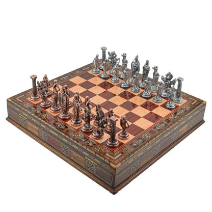British Royal Metal Chess Set – Handmade Box or Drawer Solid Wood Chessboard, 38 x 38 cm
