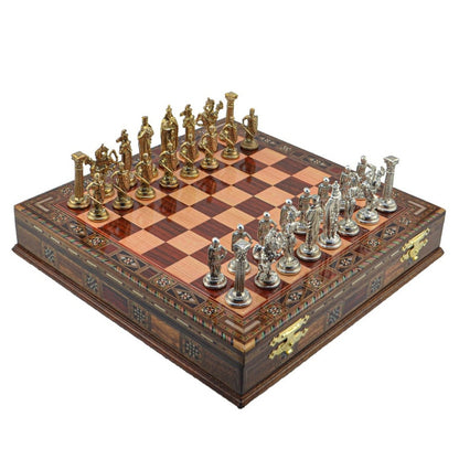British Royal Metal Chess Set – Handmade Box or Drawer Solid Wood Chessboard, 38 x 38 cm