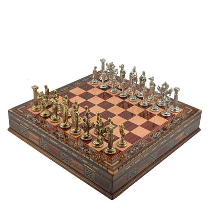 British Royal Metal Chess Set – Handmade Box or Drawer Solid Wood Chessboard, 38 x 38 cm