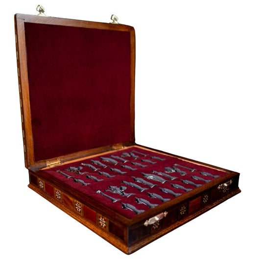 Ottoman Byzantine Metal Chess Set – Handmade Box or Drawer Solid Wood Chessboard, 38 x 38 cm