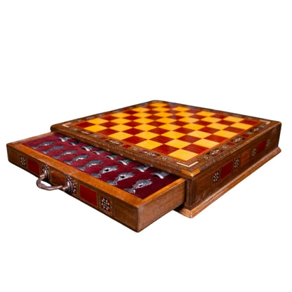 British Royal Metal Chess Set – Handmade Box or Drawer Solid Wood Chessboard, 38 x 38 cm