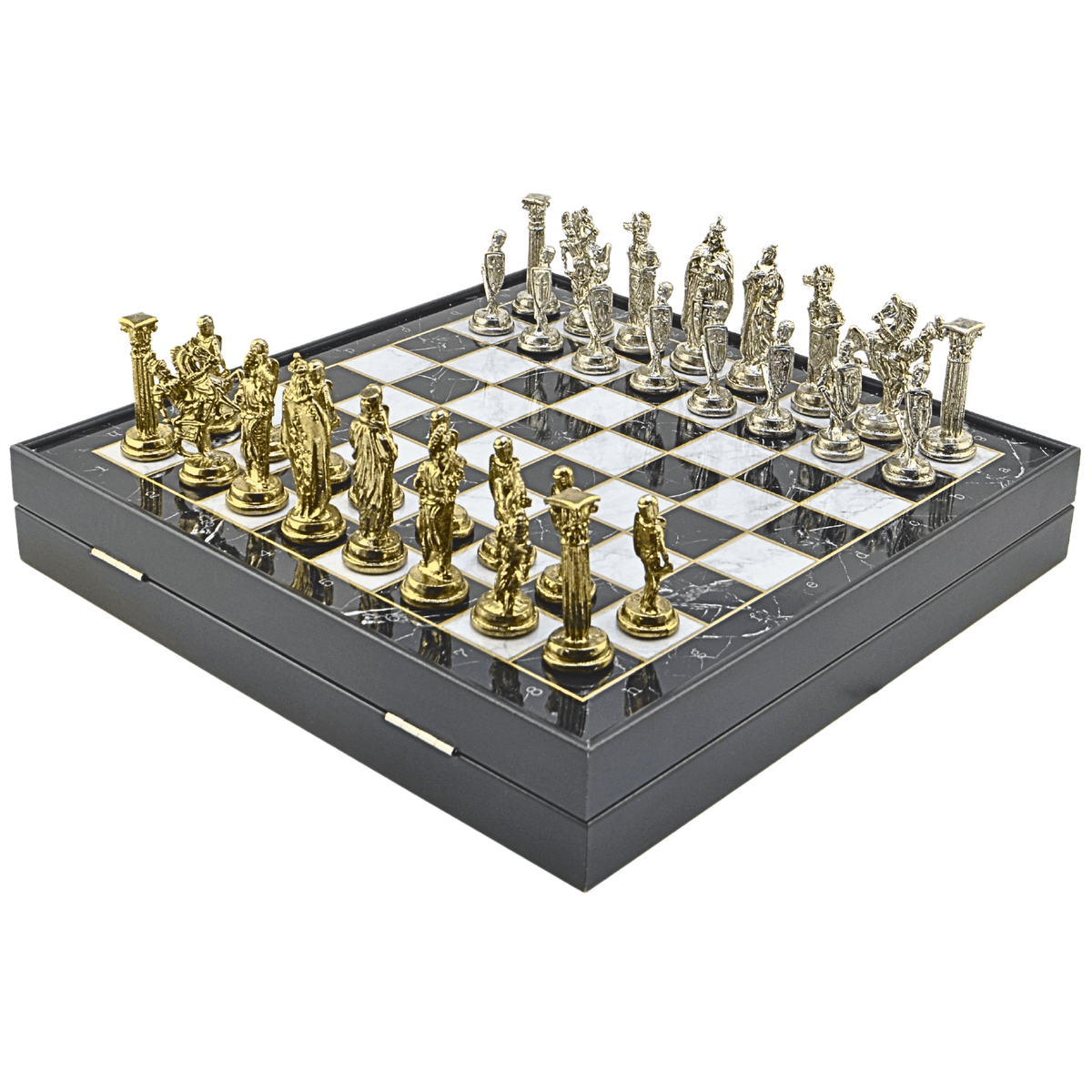 British Royal Metal Chess Set – MDF Chessboard with Storage, 37 x 37 cm, Gold-Silver Pieces