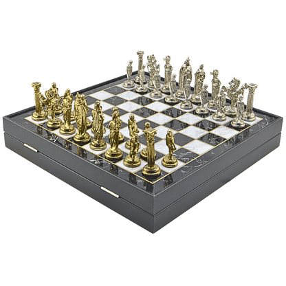 British Royal Metal Chess Set – MDF Chessboard with Storage, 37 x 37 cm, Gold-Silver Pieces