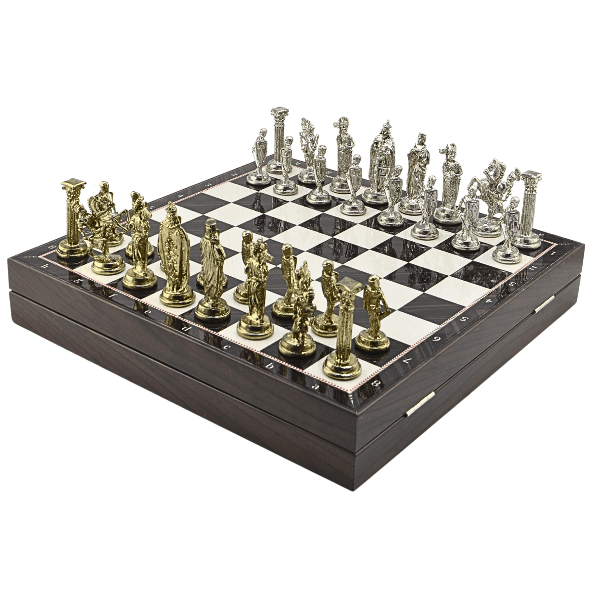 British Royal Metal Chess Set – MDF Chessboard with Storage, 37 x 37 cm, Gold-Silver Pieces