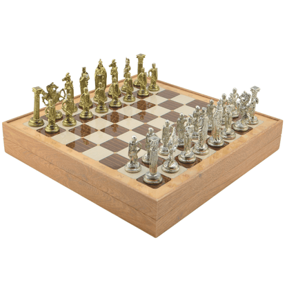 British Royal Metal Chess Set – MDF Chessboard with Storage, 37 x 37 cm, Gold-Silver Pieces
